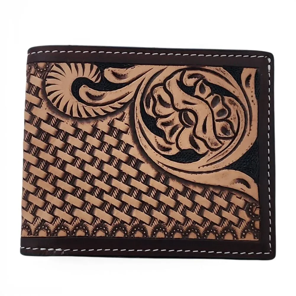 Ranger Belt Co H-306B Tooled Leather Bifold Wallet Basketweave Floral Brown NWT